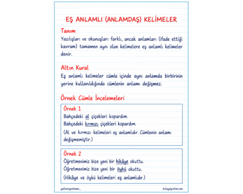 EŞ ANLAMLI KELİMELER DEFTER NOTU