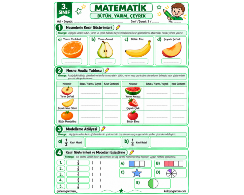 Bütün, Yarım ve Çeyreğin Kesirle Gösterimi Etkinlikleri 2