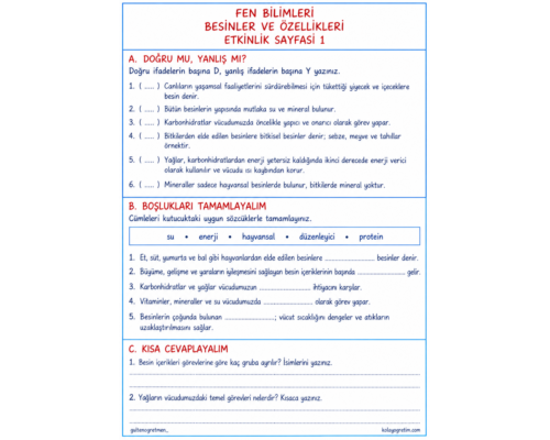 Besinler ve Özellikleri * Sağlıklı Yaşam İçin Besinlerin Önemi Etkinlikleri