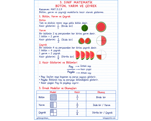 Bütün, Yarım ve Çeyreğin Kesir Gözterimi Defter Özeti